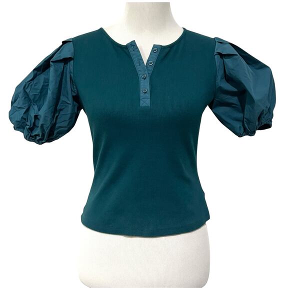 English Factory Top Puff Sleeve Henley Blouse Teal Blue Stretch Knit Size Small - Picture 2 of 10